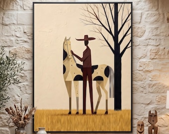 Original Horse Cowboy Oil Painting, Dead Tree Canvas Painting, Grassland Landscape Painting, Western Cowboy Decor, Folk Equestrian Decor