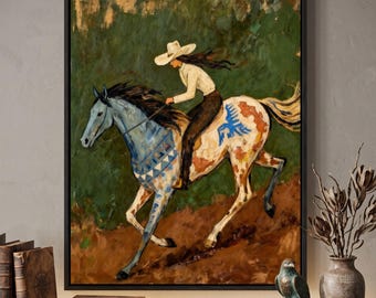 Dipinto a olio di una cowgirl del West, con cavallo al galoppo, arte equestre folk da parete, arredamento rustico da ranch, dipinto di rodeo vintage, arredamento per il soggiorno.