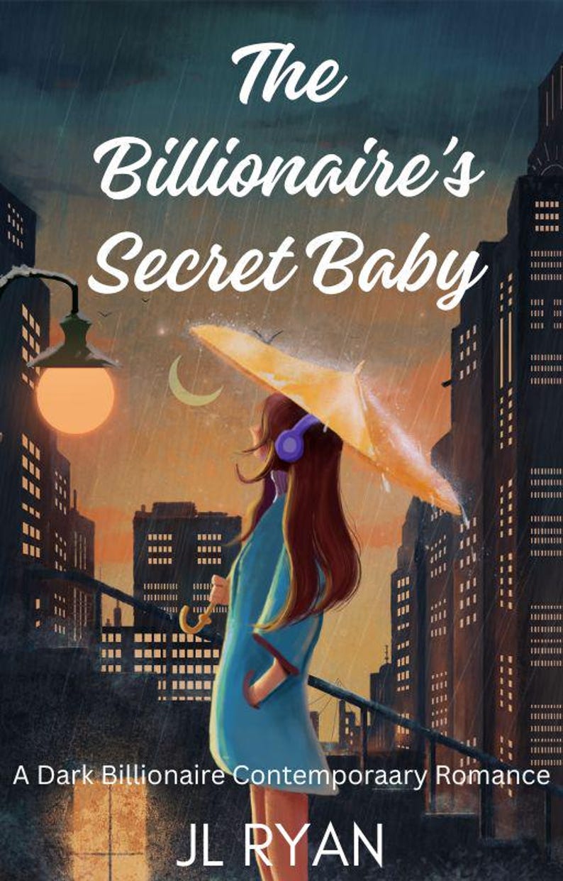 May include: Book cover illustration for "The Billionaire's Secret Baby." A woman in a blue coat holds a yellow umbrella in a rainy cityscape. The title is in white script, with the author's name and genre at the bottom.