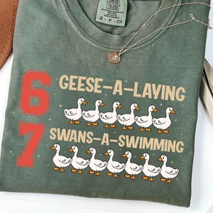 May include: Sage green t-shirt with the text "6 Geese-A-Laying" and "7 Swans-A-Swimming" in a playful font. The design includes illustrations of geese and swans. A silver necklace with a pendant is draped across the shirt.