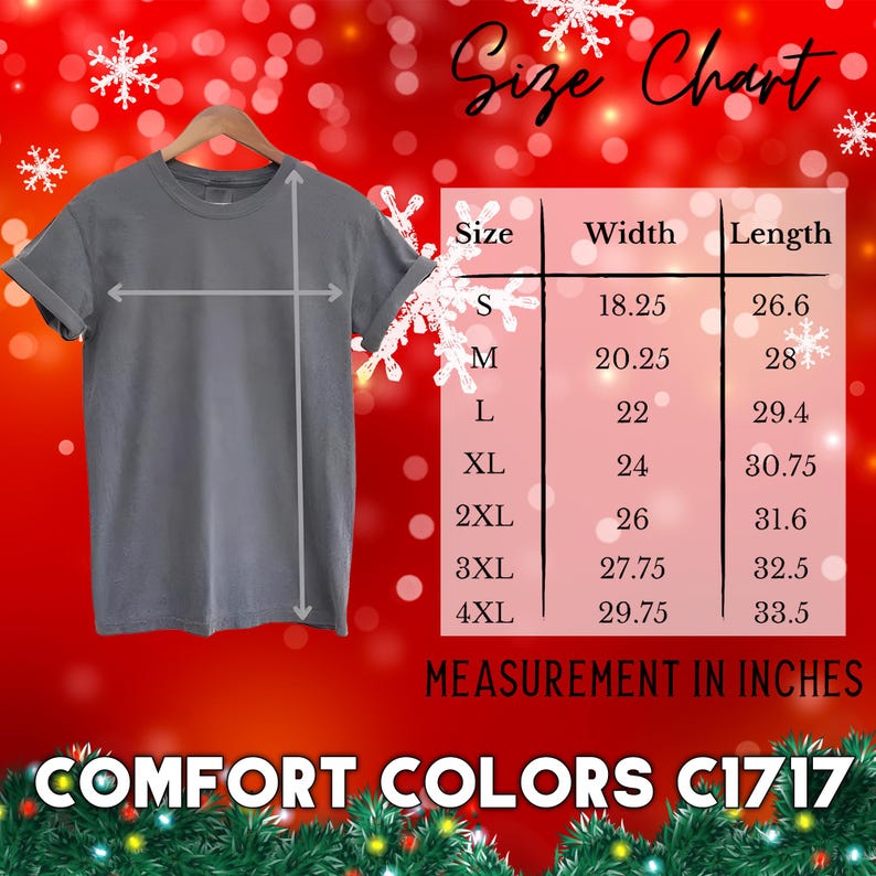 Może przedstawiać: Szara koszulka Comfort Colors C1717 na drewnianym wieszaku. Tabela rozmiar&oacute;w pokazuje wymiary w calach dla rozmiar&oacute;w od S do 4XL. Tło jest czerwone z płatkami śniegu i tekstem "Size Chart".