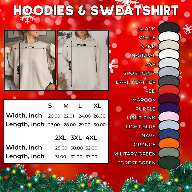Może przedstawiać: Obraz przedstawiający bluzy z kapturem i bluzy z opcjami rozmiaru i koloru. Wymiary podane w calach, z szerokościami od 50.8 do 81.3 cm i długościami od 68.6 do 83.8 cm. Pr&oacute;bki kolor&oacute;w obejmują czerń, biel i r&oacute;żne odcienie.