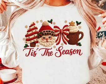 Tis The Season PNG, Latch Hook Yarn Faux Embroidery PNG, Leopard Santa Christmas Design, Coquette Yarn Crochet Xmas Tree, Merry Christmas