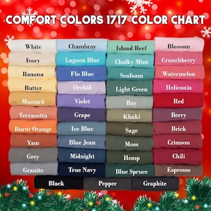 Może przedstawiać: Karta kolor&oacute;w zatytułowana "COMFORT COLORS 1717 COLOR CHART" z czerwonym tłem. Karta przedstawia r&oacute;żnorodne kolory tkanin, w tym Biały, Chambray, Island Reef i Blossom. Każdy kolor jest oznaczony nazwą, a karta jest ułożona w formacie siatki.