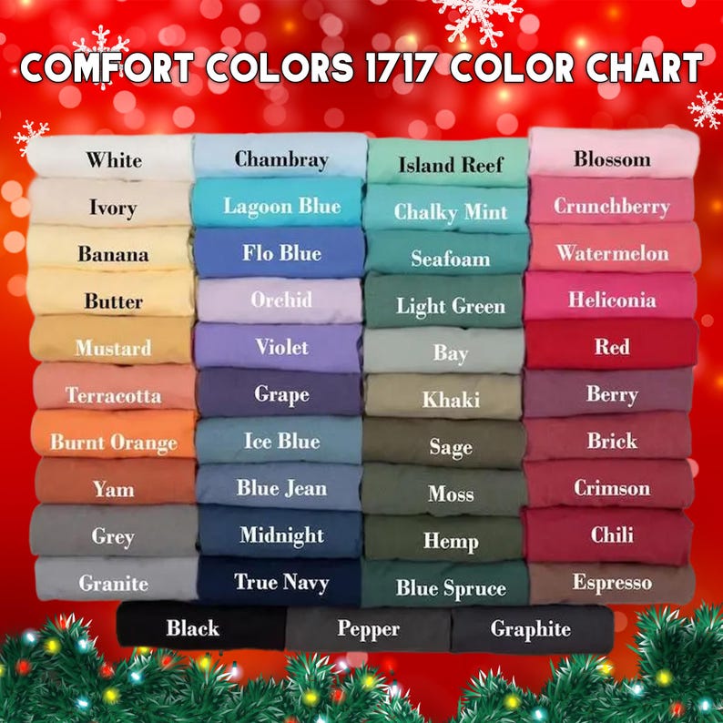 Może przedstawiać: Karta kolor&oacute;w zatytułowana "COMFORT COLORS 1717 COLOR CHART" z czerwonym tłem. Karta przedstawia r&oacute;żnorodne kolory tkanin, w tym Biały, Chambray, Island Reef i Blossom. Każdy kolor jest oznaczony nazwą, a karta jest ułożona w formacie siatki.