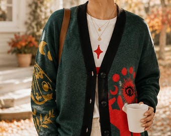 Moth Soft Knit Unisex Cardigan Witchy Dark Academia Pullover Cotton Cottagecore Gothic Fairy Grunge Sweater Celestial Moon Botanical Cozy