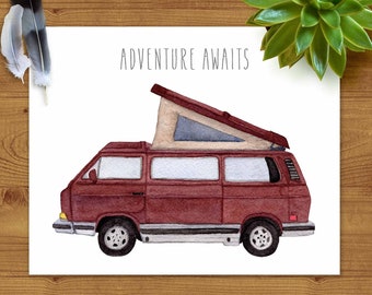 VW Vanagon Westfalia Watercolor Art Print | Adventure Awaits | Maroon Volkswagen Camper Van