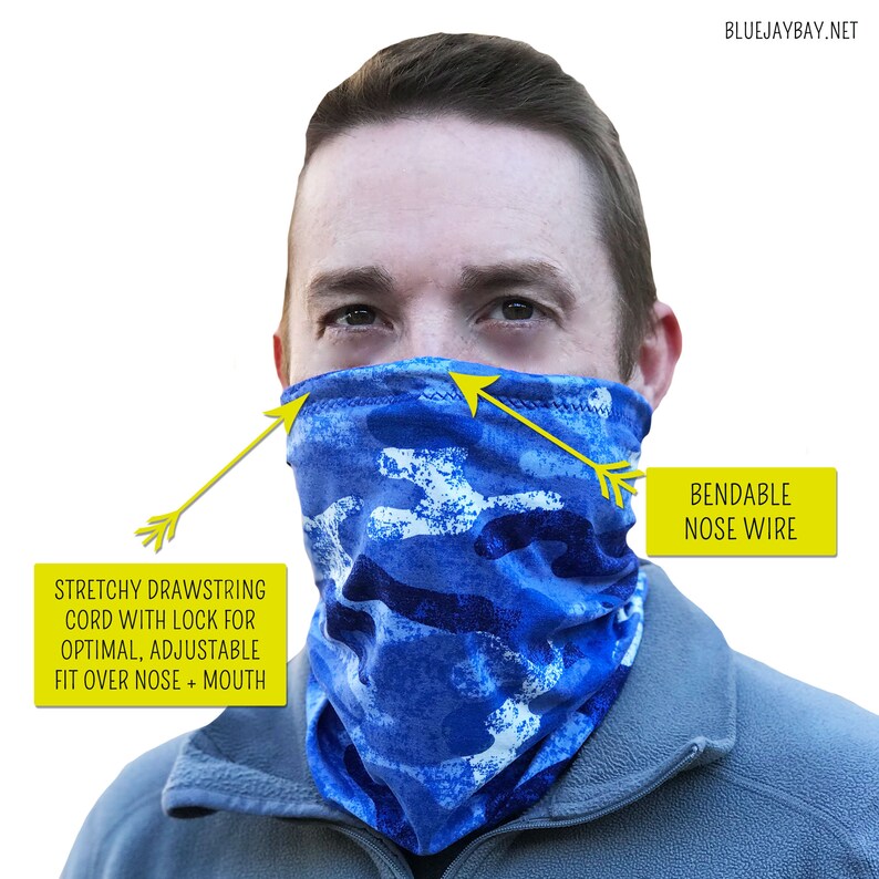 Neck Gaiter with Drawstring Nose Wire Blue Camo Adjustable Etsy