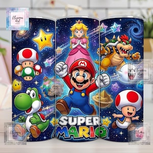 May include: A tumbler featuring a vibrant design with characters from the Super Mario video game series. The design includes Mario, Princess Peach, Yoshi, Bowser, and other iconic elements set against a starry background. The words "SUPER MARIO" are prominently displayed.