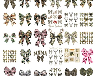 Camo Bow PNG Bundle, Hunting Camouflage Coquette Bows with Deer Antlers, Country Girl Mama Digital Download Sublimation Design