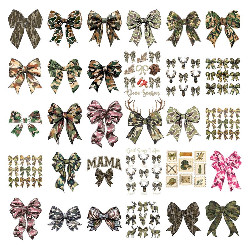 Camo Bow PNG Bundle, Hunting Camouflage Coquette Bows With Deer Antlers ...