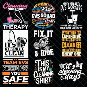 May include: A collection of graphic designs on a black background. The designs feature text and illustrations related to cleaning, EVS workers, and motorcycles. The color palette includes white, orange, pink, and blue.