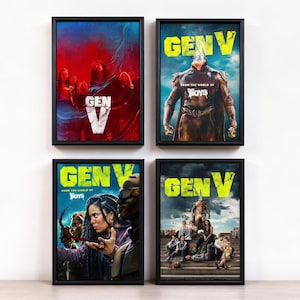 May include: Four framed posters with artwork from the show "Gen V" and "The Boys." Each poster is in a black frame and showcases different characters and scenes. The title "Gen V" is displayed in yellow and white.