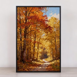 Un vibrante póster de lienzo de bosque otoñal, una pintura de paisaje rústico, un cálido toque otoñal y un elemento de decoración natural para el hogar.