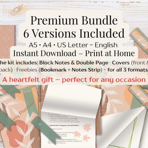 Puede incluir: Un conjunto de páginas de planificador imprimibles y accesorios en una paleta de colores suaves. El paquete incluye bloques de notas, cubiertas y obsequios, con el texto "Premium Bundle" e "Instant Download".