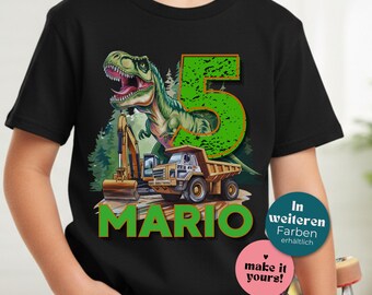 Personalized Dino Construction Birthday Shirt with Name & Age | T-Rex T-Shirt | Excavator Kids Shirt | Gift for Boy | Dino Party | Truck