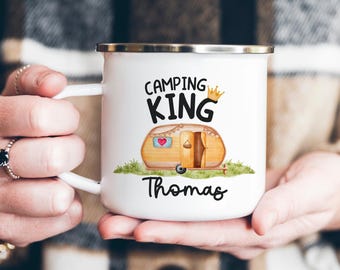 Personalized Camping King Mug with Name | Enamel Camping Cup | Gift for Him | Vanlife Caravan Gift