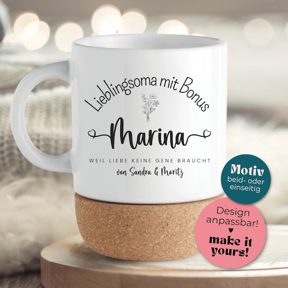 Personalisierte Tasse mit Name & Enkel - Lieblingsoma mit Bonus - „Weil Liebe keine Gene braucht“, Geschenk für Bonus-Oma, Patchwork Familie