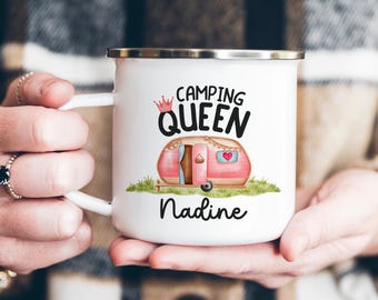 Personalized Camping Queen Mug with Name | Enamel Camping Cup | Gift for Her | Vanlife Caravan Gift