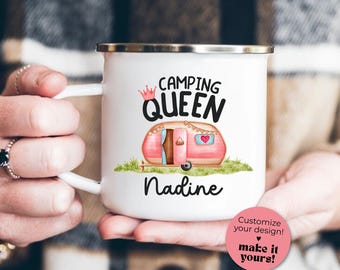 Personalized Camping Queen Mug with Name | Custom Enamel Camping Mug | Camping Coffee Mug | Gift for Camper | Vanlife Camping Gift