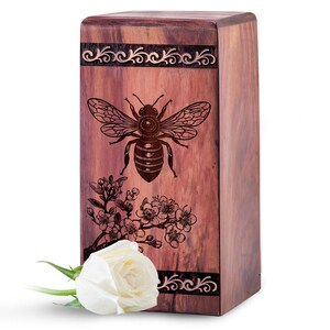 Engraved Wooden Bee Urn, Floral Memorial Box for Human Ashes