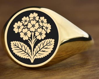 Anello con sigillo Primrose in oro 14 carati, anello smaltato con fiore di febbraio, sigillo con mese di nascita inciso, gioielli Oxlip, ciondolo per padiglione auricolare, regalo per figlia