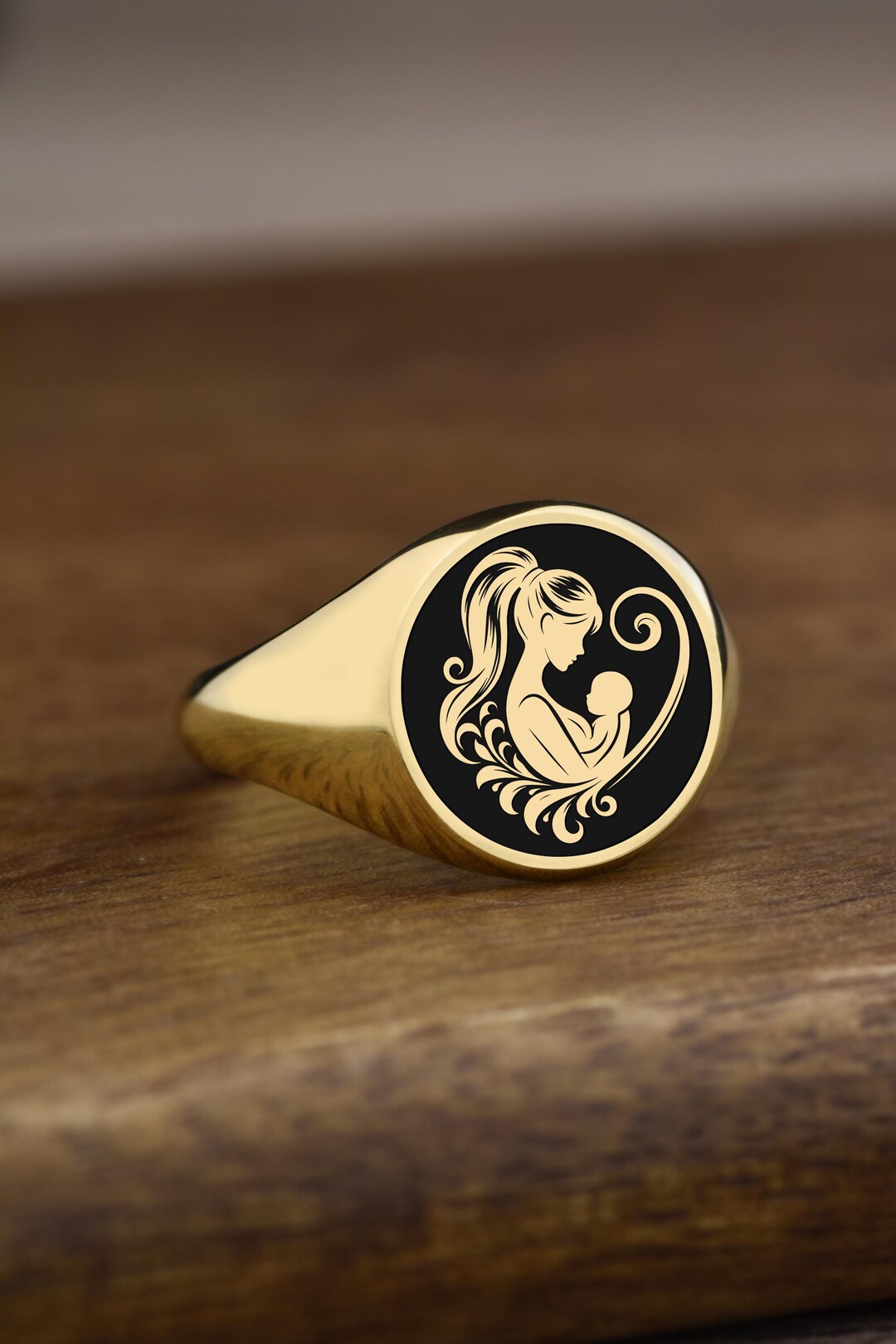 14K Gold Mother and Baby Signet Ring, Engraved Motherhood Signet Ring ...