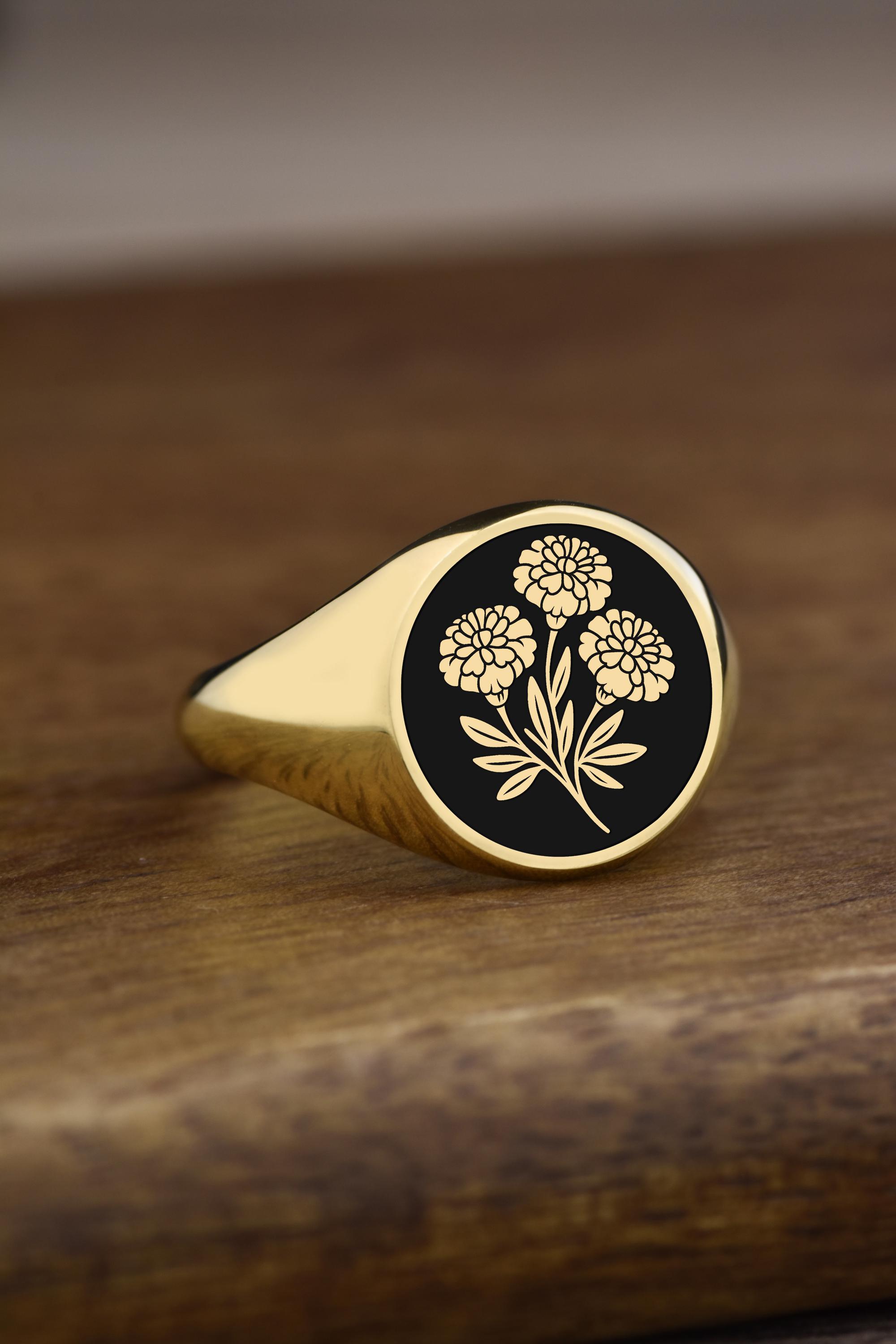 14K Gold Marigold Signet Ring, Ruddles Enamel Ring, October Birth Flower Signet, Mary's Gold Jewelry, Flor de Muerto Jewelry, Birthday Gift