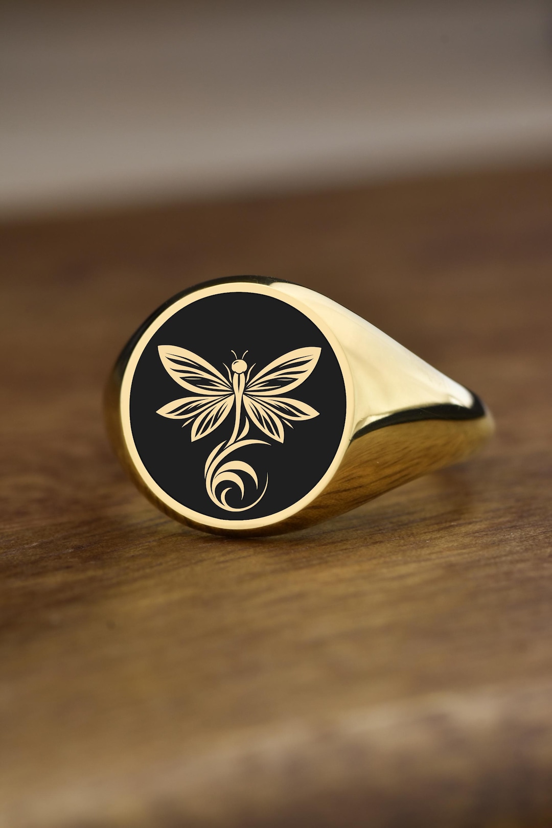 Signet Insect 14K Gold Dragonfly Signet Ring, Insect Charm, Personalized Hawker Ring ...