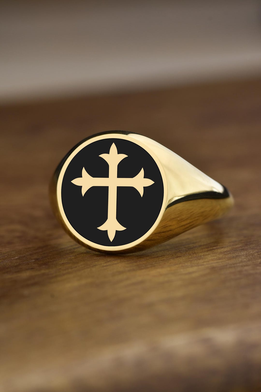 14K Gold Cross Signet Ring, Christian Ring, Faith Charm, Engraved ...