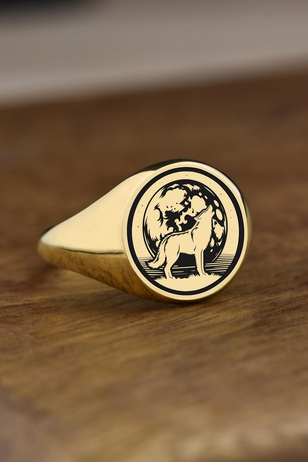 14K Gold Wolf Signet Ring, Full Moon Charm, Spirit Animal Enamel Ring ...