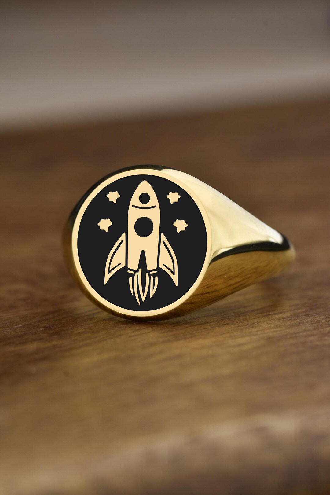 14K Gold Space Rocket Signet Ring, Engraved Astronaut Enamel Ring, Sci ...