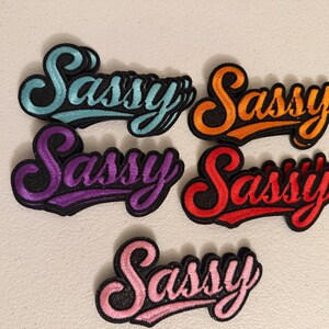 May include: Five embroidered patches featuring the word Sassy in a cursive script font. The patches are available in light blue, orange, purple, red, and pink, each with a black border and black background detailing behind the lettering.