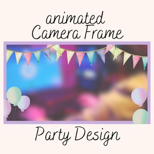 Könnte beinhalten: Ein animiertes Kamera-Rahmen-Design mit Party-Thema. Der Rahmen zeigt farbenfrohe Wimpelketten, Luftballons und den Text "animated Camera Frame" und "Party Design". Der Hintergrund ist ein verschwommenes Bild einer Partyszene.