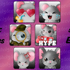 Könnte beinhalten: Eine Sammlung statischer Emotes mit Cartoon-Mäusen mit verschiedenen Ausdrücken. Eine Maus trägt herzförmige Sonnenbrillen, eine andere weint Freudentränen, und eine dritte ist als Detektiv verkleidet. Das Wort "HYPE" wird mit einem Zug angezeigt.