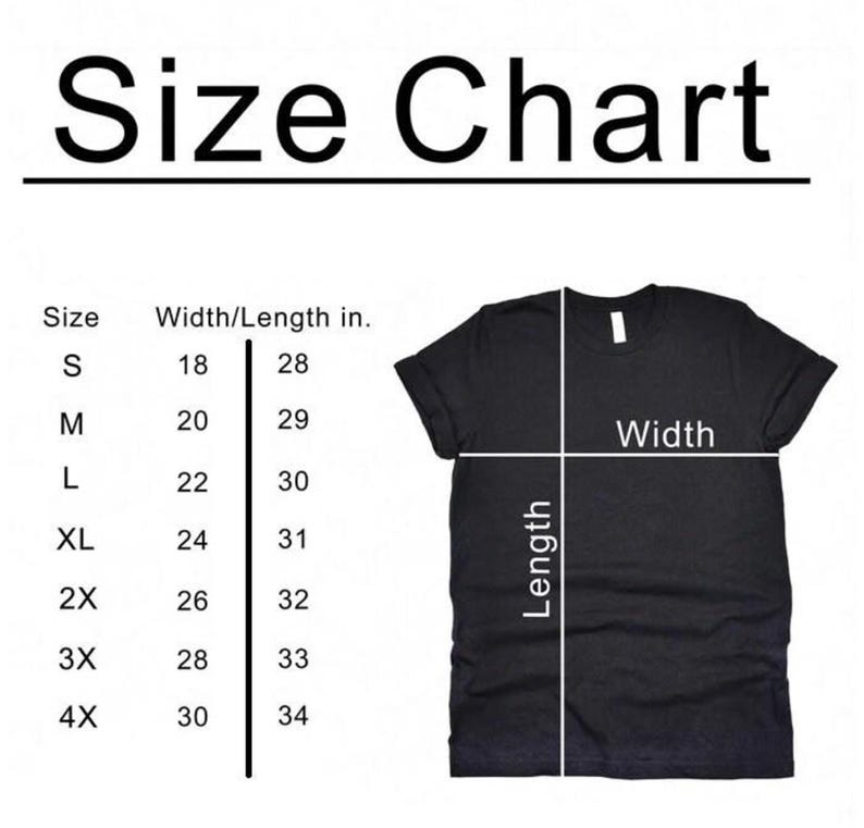 May include: A black t-shirt with a size chart graphic. The chart displays sizes S to 4X, with corresponding width and length measurements in inches. The word "Width" and "Length" are labeled on the shirt.