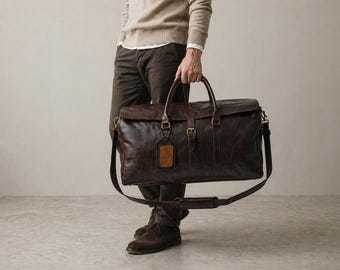 Personalized Leather Duffel Bag | Large Weekend Bag with Shoulder Strap | Weekender Travel Holdall