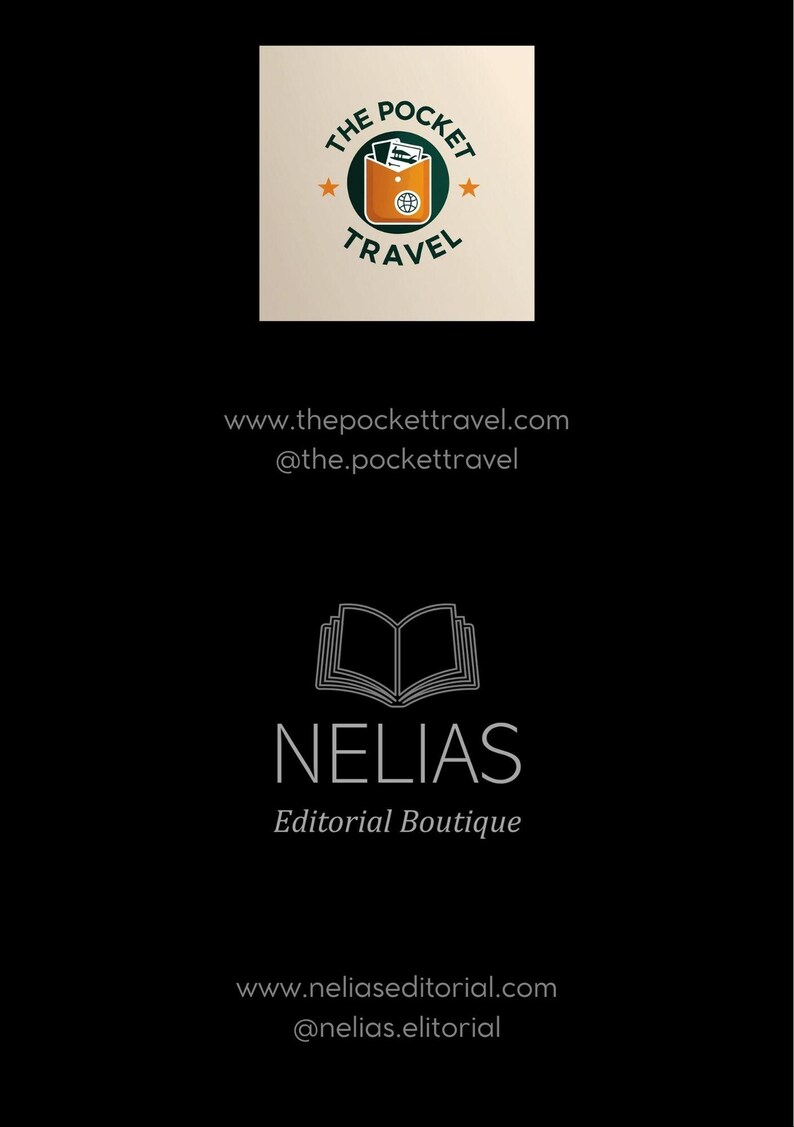 Puede incluir: Fondo negro con dos logotipos e informaci&oacute;n del sitio web. El logotipo superior es para "The Pocket Travel", con un bolsillo naranja con iconos de viaje. El logotipo inferior es para "NELIAS Editorial Boutique", con un icono de libro abierto.