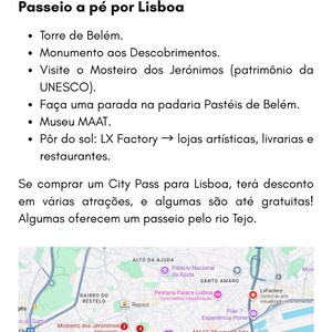 Puede incluir: Un itinerario de viaje para Lisboa, Portugal, etiquetado como "Dia 2". Enumera atracciones como la Torre de Bel&eacute;m, el Monasterio de los Jer&oacute;nimos y el Museo MAAT, con un mapa que destaca las ubicaciones. El texto sugiere un recorrido a pie.