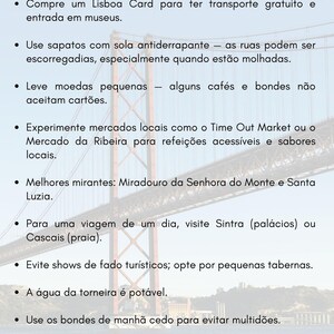 Puede incluir: Gr&aacute;fico azul claro con el texto "Dicas e truques" y vi&ntilde;etas con consejos de viaje en portugu&eacute;s. El fondo presenta un puente y agua.
