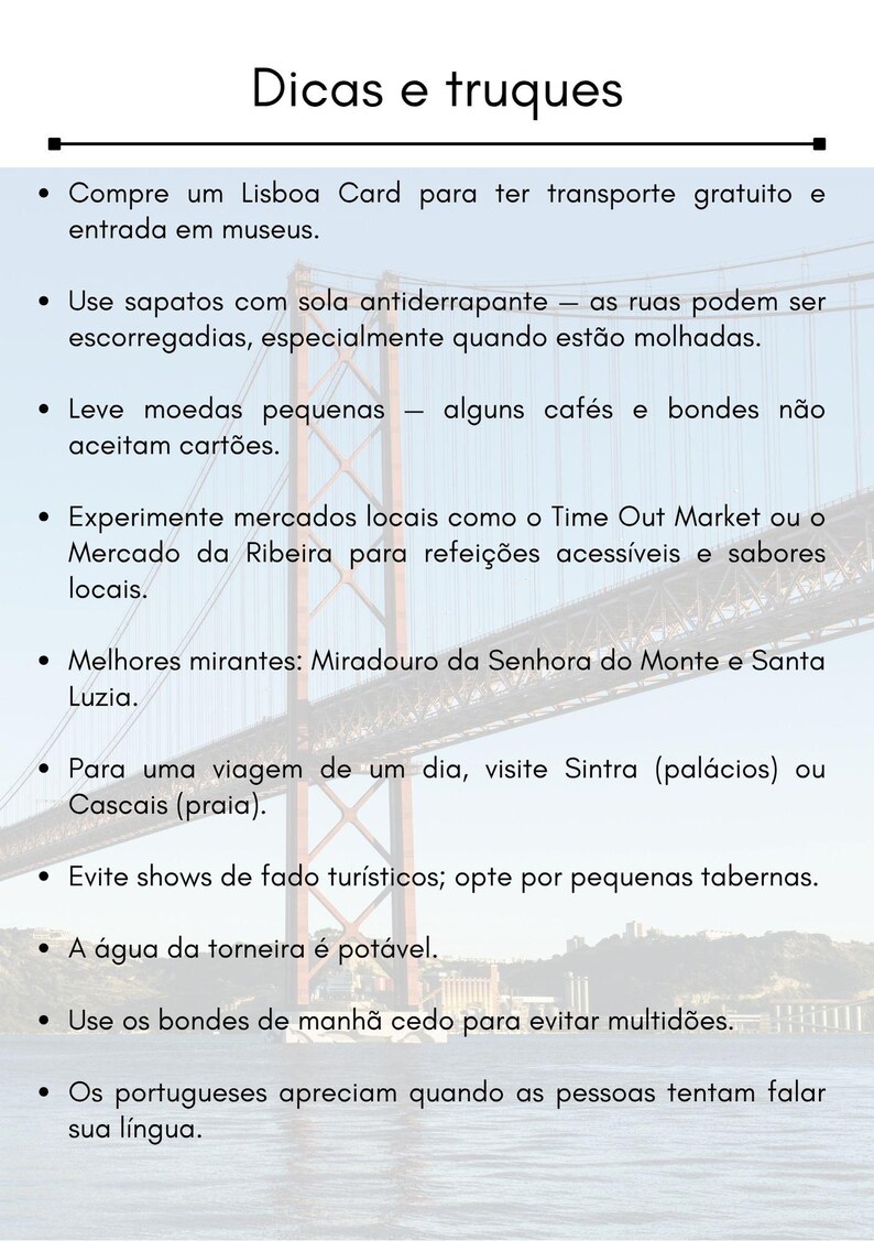 Puede incluir: Gr&aacute;fico azul claro con el texto "Dicas e truques" y vi&ntilde;etas con consejos de viaje en portugu&eacute;s. El fondo presenta un puente y agua.