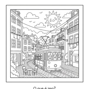 Puede incluir: Dibujo lineal en blanco y negro de una escena urbana con un tranv&iacute;a sobre ra&iacute;les. Los edificios bordean la calle y un sol sonriente est&aacute; en el cielo. Tambi&eacute;n est&aacute; presente el texto "&Aacute;rea criativa" y "O que &eacute; isso?"