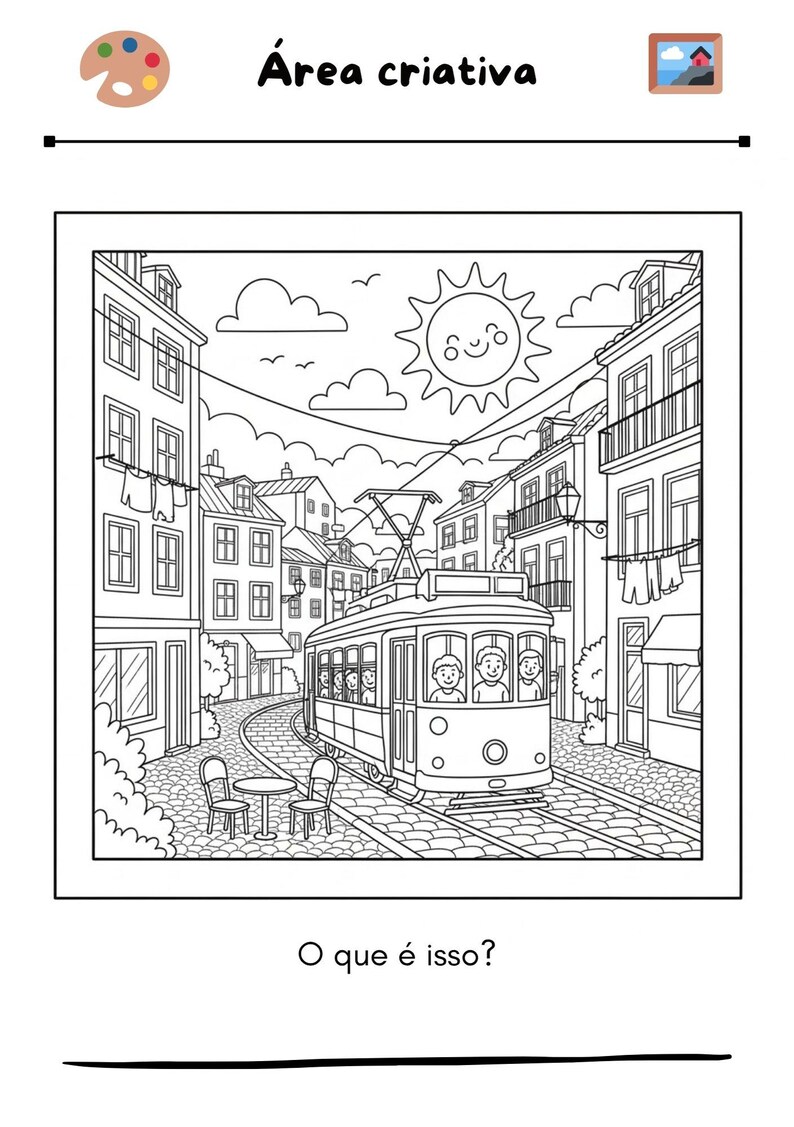 Puede incluir: Dibujo lineal en blanco y negro de una escena urbana con un tranv&iacute;a sobre ra&iacute;les. Los edificios bordean la calle y un sol sonriente est&aacute; en el cielo. Tambi&eacute;n est&aacute; presente el texto "&Aacute;rea criativa" y "O que &eacute; isso?"