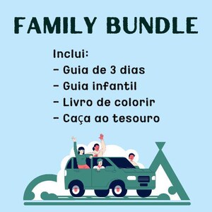 Puede incluir: Un gr&aacute;fico azul claro con el texto "FAMILY BUNDLE" y una ilustraci&oacute;n de un coche verde con gente dentro. El texto incluye una lista de elementos en portugu&eacute;s.
