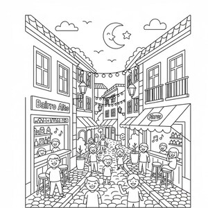 Puede incluir: Dibujo lineal en blanco y negro de una escena callejera en el distrito de Bairro Alto. La imagen presenta edificios, personas y tiendas con toldos. El texto "Bairro Alto" est&aacute; en la parte superior. Una luna creciente y una estrella est&aacute;n en el cielo.