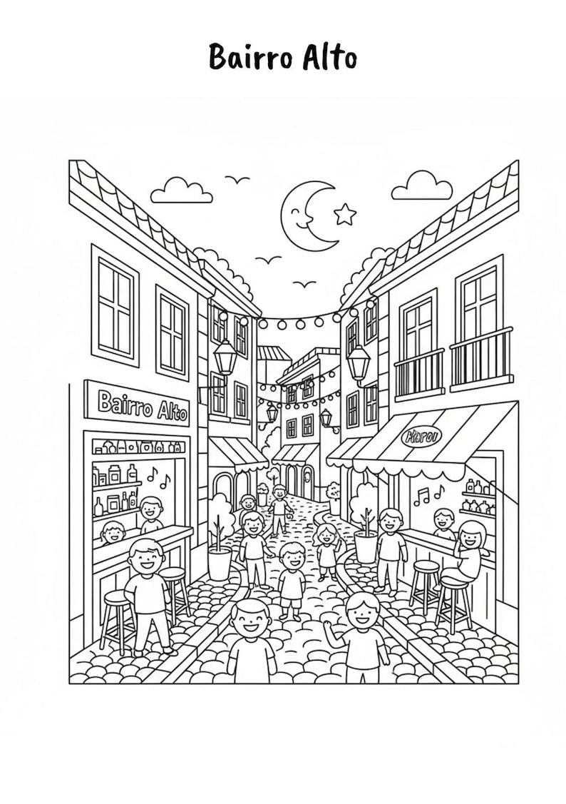 Puede incluir: Dibujo lineal en blanco y negro de una escena callejera en el distrito de Bairro Alto. La imagen presenta edificios, personas y tiendas con toldos. El texto "Bairro Alto" est&aacute; en la parte superior. Una luna creciente y una estrella est&aacute;n en el cielo.