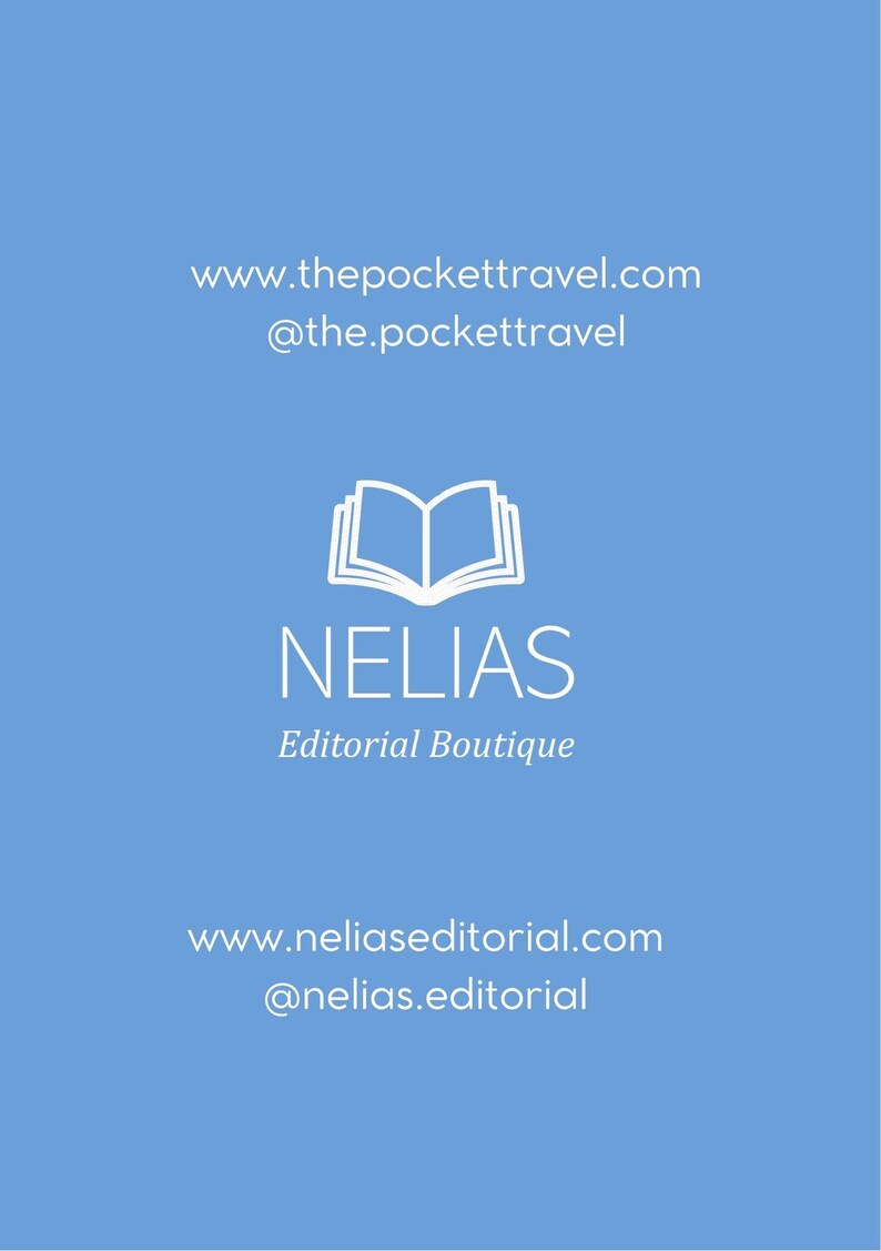 Puede incluir: Fondo azul claro con texto blanco y un logotipo. El texto incluye direcciones de sitios web y nombres de usuario de redes sociales para "thepocketravel" y "neliaseditorial". El logotipo es un libro abierto.