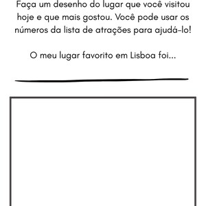 Puede incluir: Una hoja de actividades blanca con texto en portugu&eacute;s y un &aacute;rea de dibujo. El texto incluye instrucciones para dibujar un lugar favorito en Lisboa y marcar un n&uacute;mero. Un icono de l&aacute;piz est&aacute; en la esquina superior izquierda.