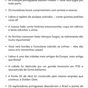 Puede incluir: Una lista de datos sobre Lisboa, Portugal, escrita en portugu&eacute;s, sobre un fondo blanco. El t&iacute;tulo "Curiosidades" est&aacute; en negro. Hay peque&ntilde;as ilustraciones de un castillo y patatas fritas.