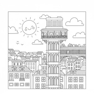 Puede incluir: Dibujo lineal en blanco y negro del Elevador de Santa Justa en Lisboa, Portugal. La imagen incluye el ascensor, edificios circundantes, un sol sonriente, nubes y el texto "Santa Justa Lift".